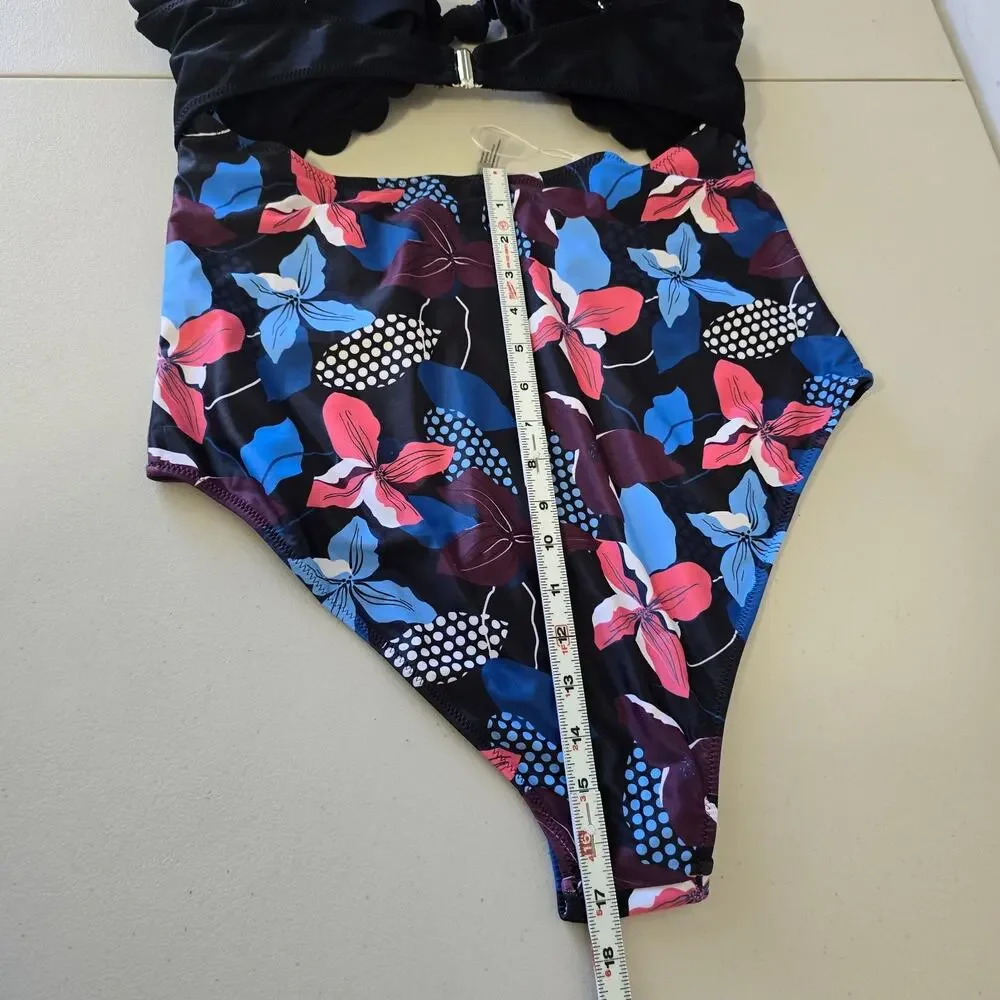 Cupshe One Piece Knotted Front Swimsuit Women's XXL Black Floral Scalloped NWOT